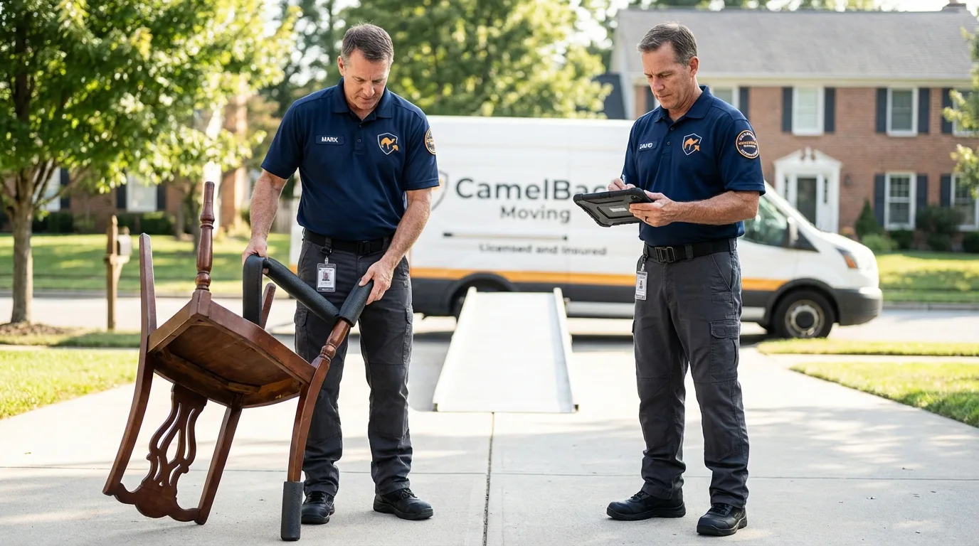 Movers inspecting furniture for damage prevention before loading in Allendale, SC